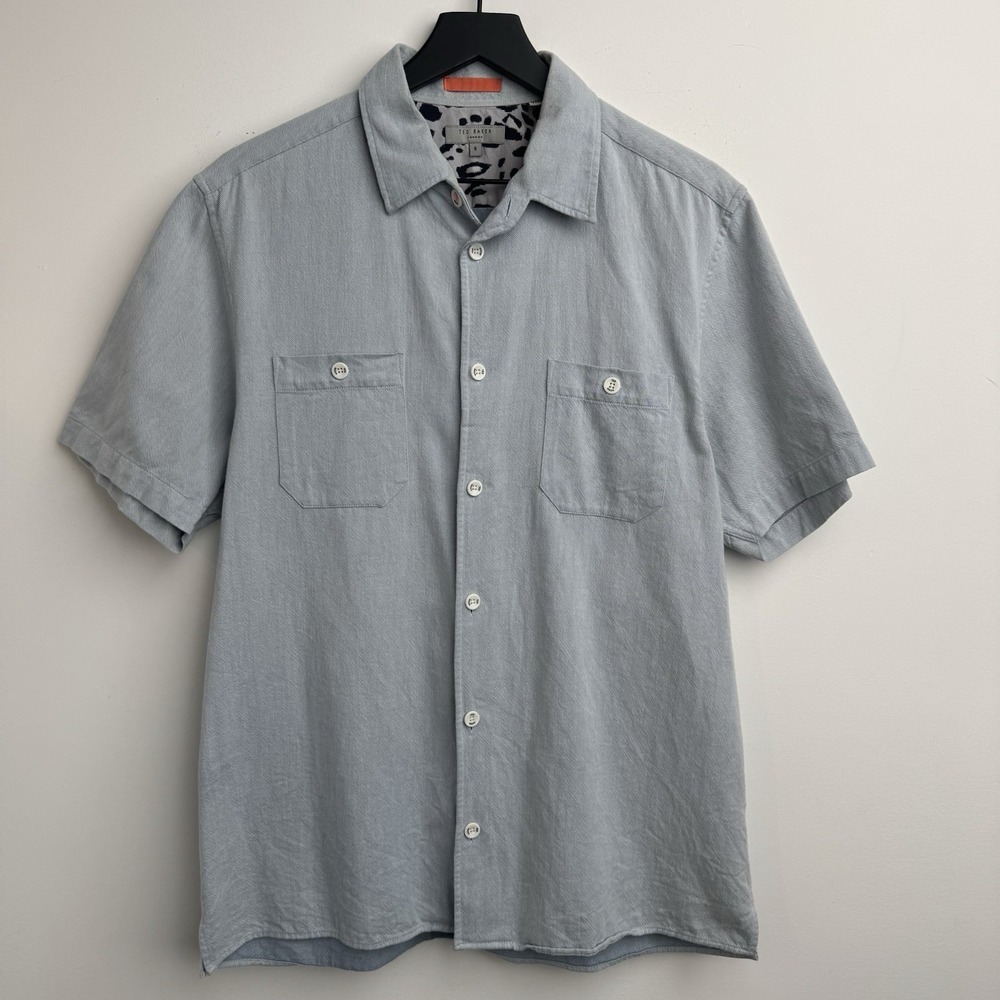 Ted Baker Shirt Button Up Mens XL 5 Blue Denim Short Sleeve Cotton 2-Pockets